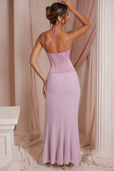 Lace Up Corset Maxi Dress in Dusty Pink